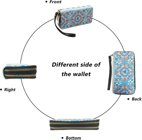 Vista 6 de LATH.PIN Cartera bohemia con bloqueo RFID, bolso de lona con patrón de elefante con bolsillo para monedas y correa