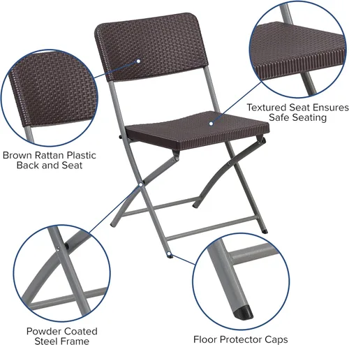 Vista 4 de Flash Furniture Silla plegable de ratán marrón serie HERCULES con marco gris