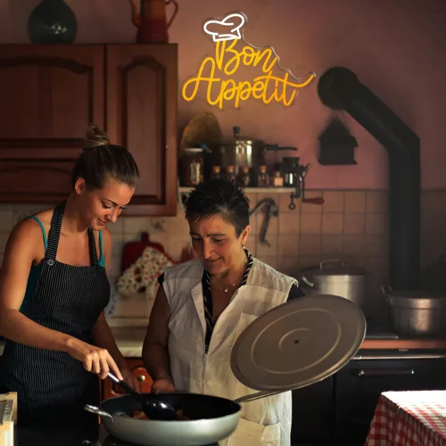 Vista 5 de Bon Appetit - Letrero LED con sombrero de chef, letras doradas, luces de neón para restaurante, estilo francés, neón regulable, LED, "16.5 x 12.6