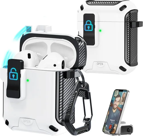 Vista 44 de R-fun Funda de carga compatible con AirPods de 2ª generación 2019, 1ª generación 2016, protección completa contra caídas, tapa desplegable