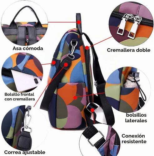 Vista 8 de Mochila para mujer, impermeable, antirrobo, bolsa de viaje, estiloA , L, Mochila Colorido