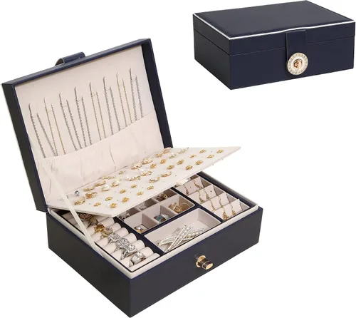 Vista 6 de Addong Organizador de aretes para mujeres y niñas, estuche de almacenamiento grande de piel sintética para aretes de tuerca, anillos, collar