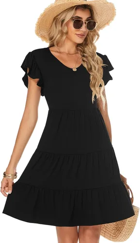 Vista 3 de Lyrur Vestidos de verano para mujer, para invitados de boda, con mangas con volantes, mini escalonados, estilo casual, playa, color negro, vestidos
