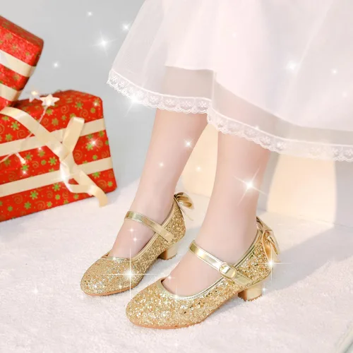 Vista 2 de Dufannie Zapatos de vestir para niñas, zapatos de tacón bajo de princesa, zapatos planos con purpurina para bodas y fiestas