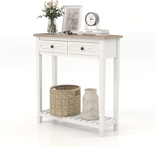 Vista 11 de KINTNESS Mesa de entrada, mesa consola estrecha con 2 cajones, mesa auxiliar de sofá con estantes para sala de estar, pasillo, color negro