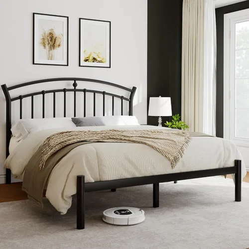 Vista 3 de iPormis Marco de cama de plataforma de metal de tamaño completo con cabecera moderna de arte de hierro/soporte de listones de acero de servicio Negro