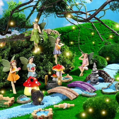 Vista 3 de Unittype 19 piezas de accesorios de hadas de flores para jardín al aire libre, figuras de hadas en miniatura, puente de hongos, faro de agua, pozo