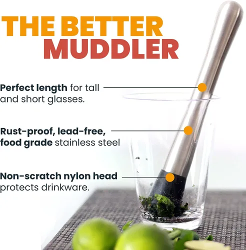 Vista 2 de Muddler de bebidas para cócteles, 8 pulgadas anticuado/menta julep/Mojito Muddler, bartend de acero inoxidable, herramienta de muddler de cocina