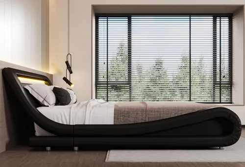 Vista 7 de SHA CERLIN - Marco de cama de tamaño matrimonial con cabecera LED tapizada moderna, color negro Low Profile Sleigh Design, Adjustable Headboard