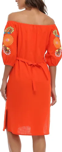 Vista 2 de YZXDORWJ Vestido bordado mexicano de manga corta para mujer