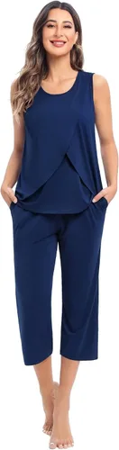 Vista 3 de SWOMOG Conjunto de pijama de maternidad para mujer, pijama de lactancia de doble capa, sin mangas, parte superior capri, conjunto de embarazo