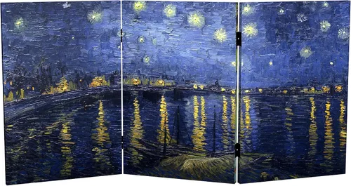 Vista 7 de Red Lantern Van Gogh - Pantalla plegable de lona corta de doble cara de 2 pies – lirios/noche estrellada sobre el Ródano 3 paneles independiente