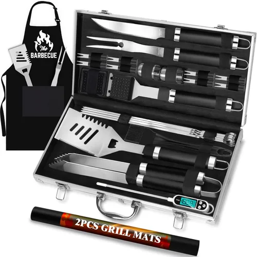 Vista 7 de ROMANTICIST Juego de 26 herramientas de parrilla de acero inoxidable, accesorios de parrilla de alta resistencia, regalos para hombres y papá, kit