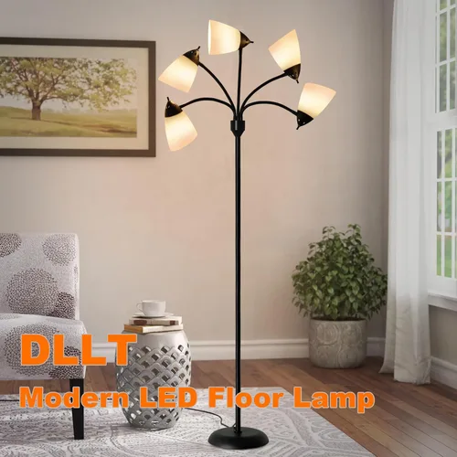 Vista 12 de DLLT - Lámpara de pie moderna para habitación: 5 luces flexibles de cuello de cisne negro lámparas de pie para sala de estar, dormitorio, hogar