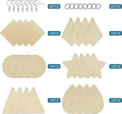 Vista 4 de Mega Pet Juego de 60 colgantes de madera en blanco sin acabar, triángulo, rombo, lágrima, estrella, forma redonda, plana, kit de bricolaje