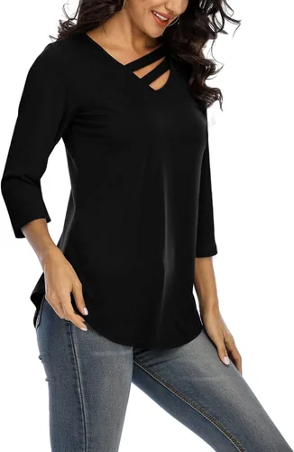 Vista 7 de Davenil Blusas de manga 34 para mujer, cuello en V, dobladillo irregular, blusas sueltas casuales