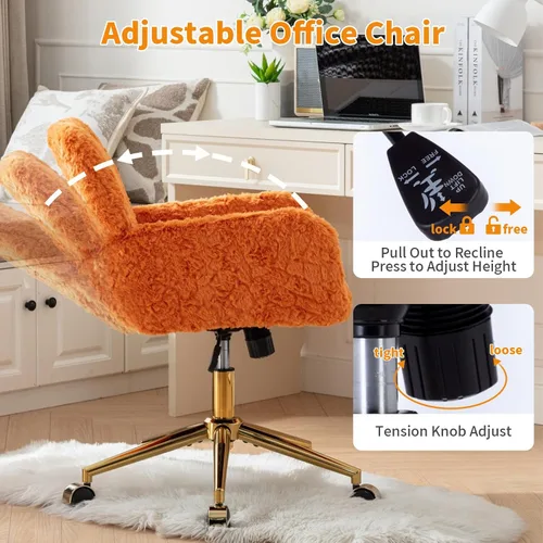 Vista 5 de Silla de oficina artificial de pelo de conejo copetudo, silla naranja con base de metal dorado, silla de escritorio ajustable, silla de oficina