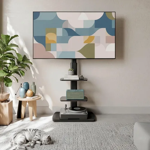 Vista 4 de FITUEYES Soporte de suelo de TV para sala de estar, dormitorio, soportes de TV altos con base de madera resistente para televisores de 32, 39, 40