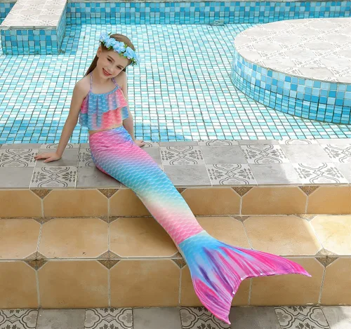 Vista 2 de PURFEEL Disfraz de sirena para niñas, 4 piezas para niños