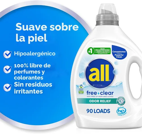 Vista 3 de All - Detergente líquido para ropa, alivio de olores, sin perfume, 80.1 onzas líquidas, 90 cargas