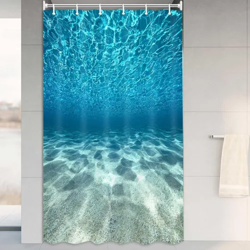 Vista 3 de MERCHR Cortina de ducha de playa azul océano, naturaleza bajo el agua, escena del mundo del mar, cortinas de baño, tela impermeable, 36 x 72 pulgadas