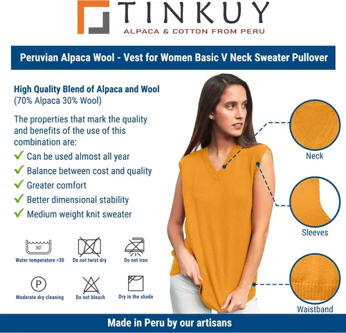 Vista 5 de TINKUY PERU - Chaleco de lana de alpaca con cuello en V para mujer, S-4XL