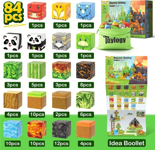Vista 5 de Bloques Magnéticos - Construye Mundo Magnético de Mina Juguetes de Panda Dinosaurio para Niños Juegos, Juegos Sensoriales Educativos STEM para Niños