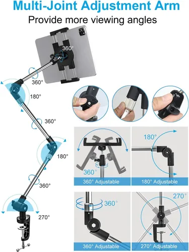 Vista 3 de Soporte ajustable para tableta, soporte de aluminio de 35 pulgadas para escritorio/cama con brazo giratorio plegable de 360°, para iPad Pro Air