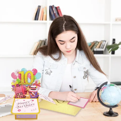 Vista 5 de Asmallgf Tarjeta Emergente Feliz 10 Cumpleaños para Hija Sobrina, Mejor Regalo de Cumpleaños para Niña Niño de 10 Años, Dulces Decoraciones