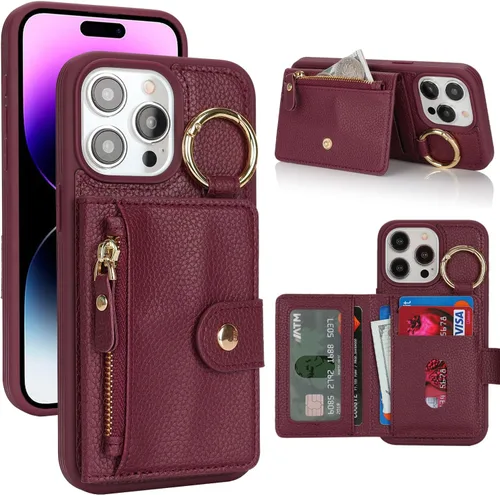 Vista 86 de Funda para iPhone 14 Plus con tarjetero, color negro Funda con cremallera y ranura para mujer y hombre