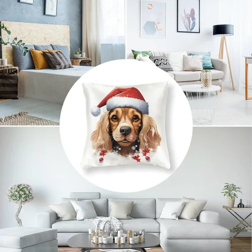 Vista 5 de Divertidas fundas de almohada de satén de Navidad con diseño de perro y cocker spaniel con gorro de Papá Noel, copos de nieve, decoración
