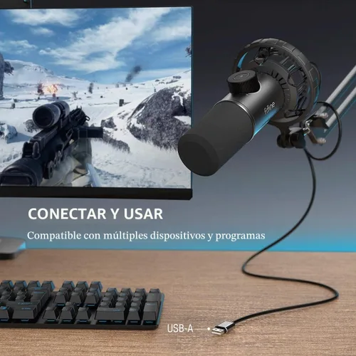 Vista 5 de FIFINE Micrófono USB para juegos, micrófono dinámico RGB para PC, con botón de toque para silenciar, micrófono cardioide Plug & Play con conector