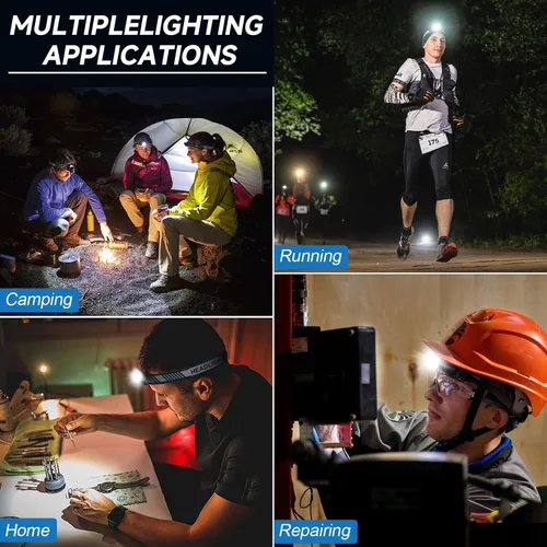 Vista 9 de Linterna frontal recargable, 99000 LM LED súper brillante con sensor de movimiento y 3 modos, luces frontales ajustables 90° para la frente, más