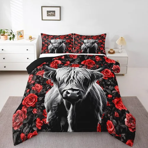 Vista 18 de Erosebridal Juego de edredón con estampado de vaca de las Highland, juego de ropa de cama de granja occidental verde azulado, decoración rústica