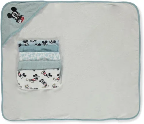 Vista 2 de Cudlie Accesorios Disney Baby Mickey Mouse - Juego de toallas con capucha y 5 toallas pequeñas, estampado de estilo fresco, GS71795, azul