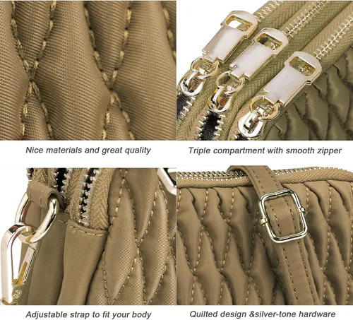 Vista 4 de Cartera cruzada pequeña con triple cremallera para mujer, bolsa cruzada acolchada con correa desmontable