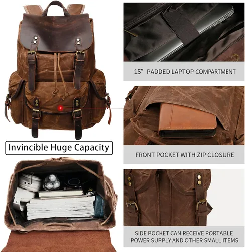 Vista 2 de HuaChen Mochila vintage de lona encerada con solapa de cuero genuino, mochila de viaje y trabajo, resistente al agua con bolsillo antirrobo, grande