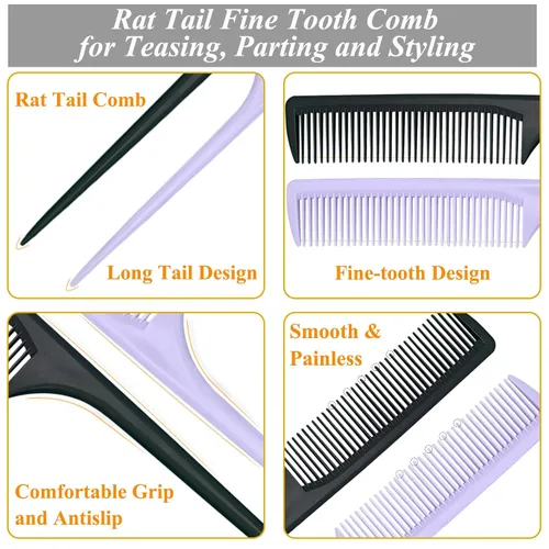 Vista 3 de Peine de cola de rata, 2 peines con punta de separación, peineta de dientes finos, peine de dientes finos, antiestático, desenredante, para mujeres