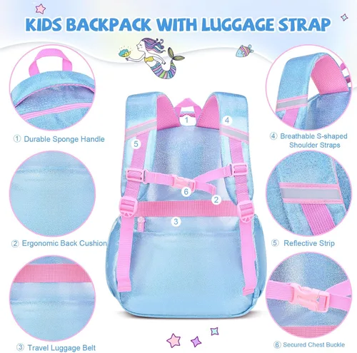 Vista 5 de Mochila para niñas, mochilas escolares de 16 pulgadas para niñas, bonita bolsa de libros para niñas, niños, estudiantes, escuela primaria, Azul