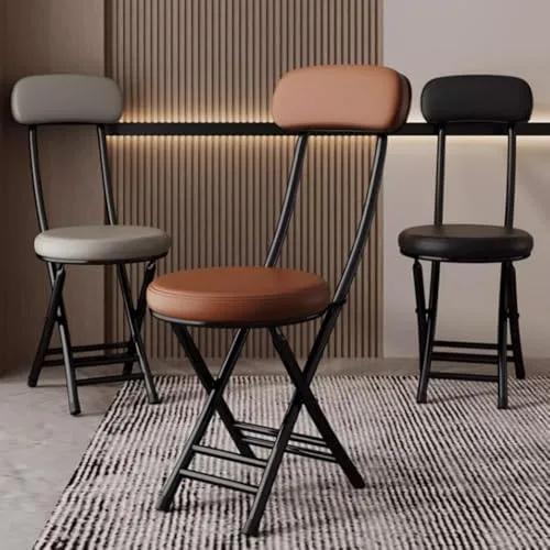 Vista 2 de Compact Foldable Bar Stool with Backrest & Round Cushion - Space-Saving Portable Chair for Kitchen, Dining, Living Room, Office & Balcony - Stylish