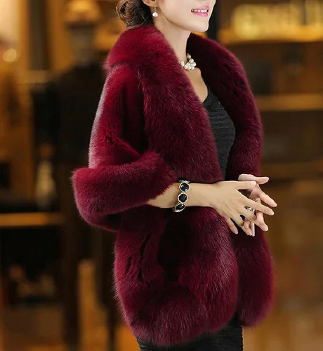Vista 2 de UMREN Capa larga de piel de zorro sintética para mujer, de lujo, para invierno, color burdeos B