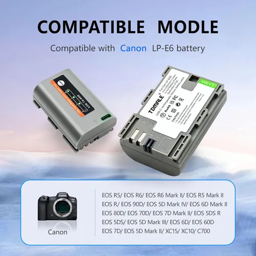 Vista 5 de Paquete de 1 batería de repuesto de 2600 mAh para LP-E6NH LP-E6N LP-E6 con puerto de carga directa tipo C compatible con cámara Canon EOS R R5 R6 R7