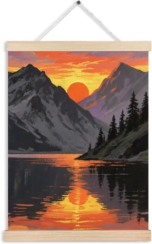 Vista 10 de Arte de pared para el hogar, bosque rústico, fogata, campamento, arte de pared, paisaje de naturaleza de montaña oscura, escena nocturna, lienzo