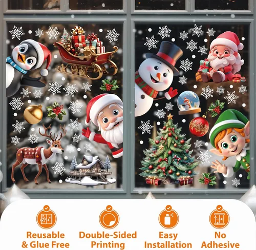 Vista 3 de WALPLUS Adhesivos de Navidad para Ventana - Decoraciones de Liquidación, de Doble Cara, Reutilizables, Despegar y Pegar, Extraíbles para Vidrio