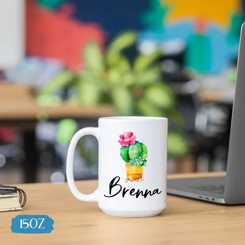 Vista 6 de Taza de café personalizada de cactus, taza de flores de cactus con nombre, taza de té de cactus, taza de cerámica con nombre personalizado, regalos