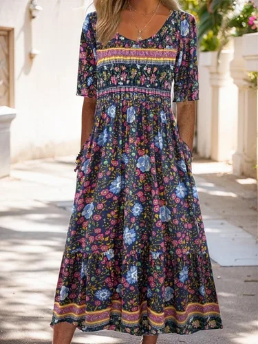 Vista 11 de Vestido largo con estampado floral para mujer, manga corta, con bolsillos, para uso casual de verano