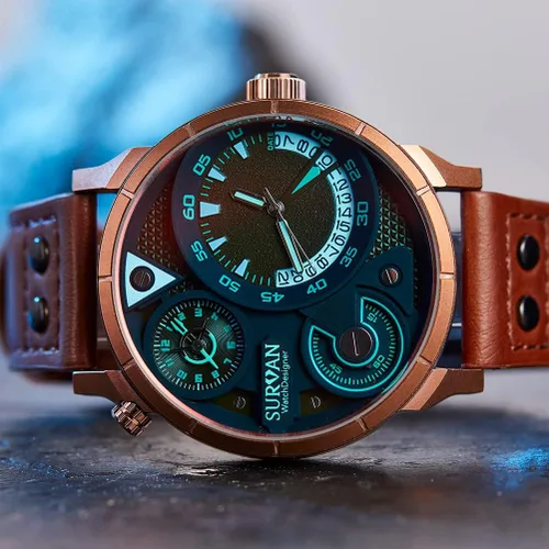 Vista 7 de SURVAN WatchDesigner Watch for Men Quartz Movement Analog Chronograph Mens Watches Genuine Leather Strap Waterproof Luminous Pointer Red Magic Glass