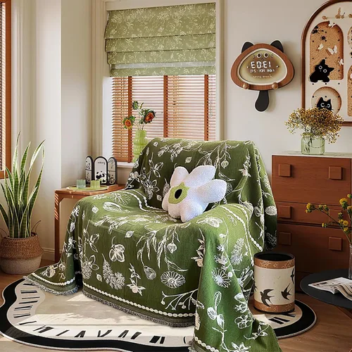 Vista 3 de DREAMINGO Funda para sillón reclinable con estampado floral verde y botánico de jacquard, 1 cojín, acogedora funda de felpilla para sala de estar