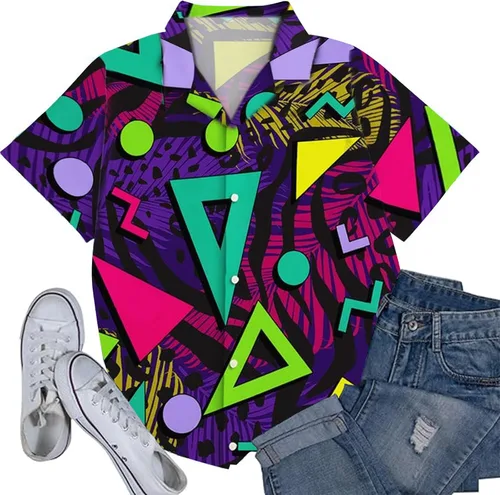 Vista 4 de Trajes de los años 80 y 90 para mujer, camiseta temática de fiesta de los años 80, camisas hawaianas con botones de los años 90, camisetas retro