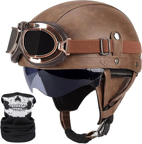 Vista 13 de Casco de motocicleta rosa, medio casco de cuero de estilo alemán, casco de motocicleta para mujer, aprobado por DOT, casco de media cara con gafas